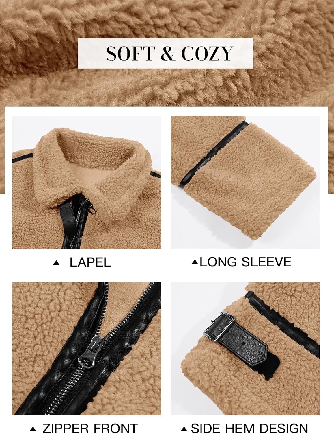 image:imageTankaneo Womens Faux Fur Jackets Winter Trendy Sherpa Moto Zip Up Coat Leather PatchworkRedbrown