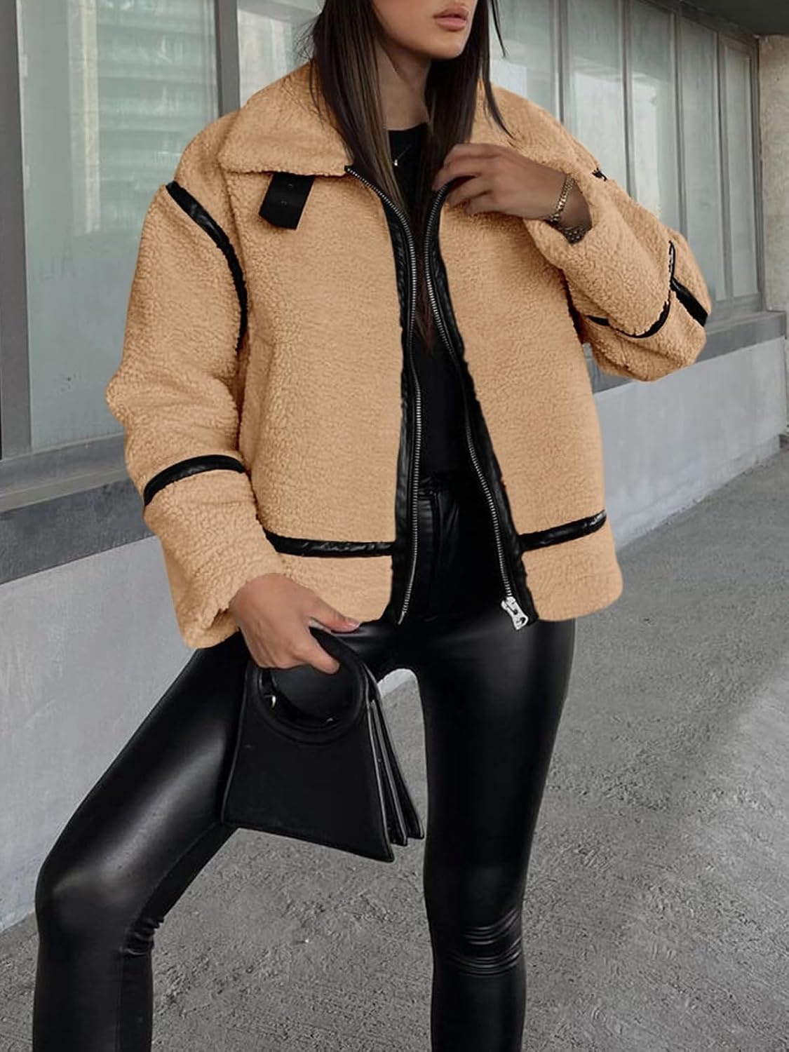 image:imageTankaneo Womens Faux Fur Jackets Winter Trendy Sherpa Moto Zip Up Coat Leather PatchworkRedbrown