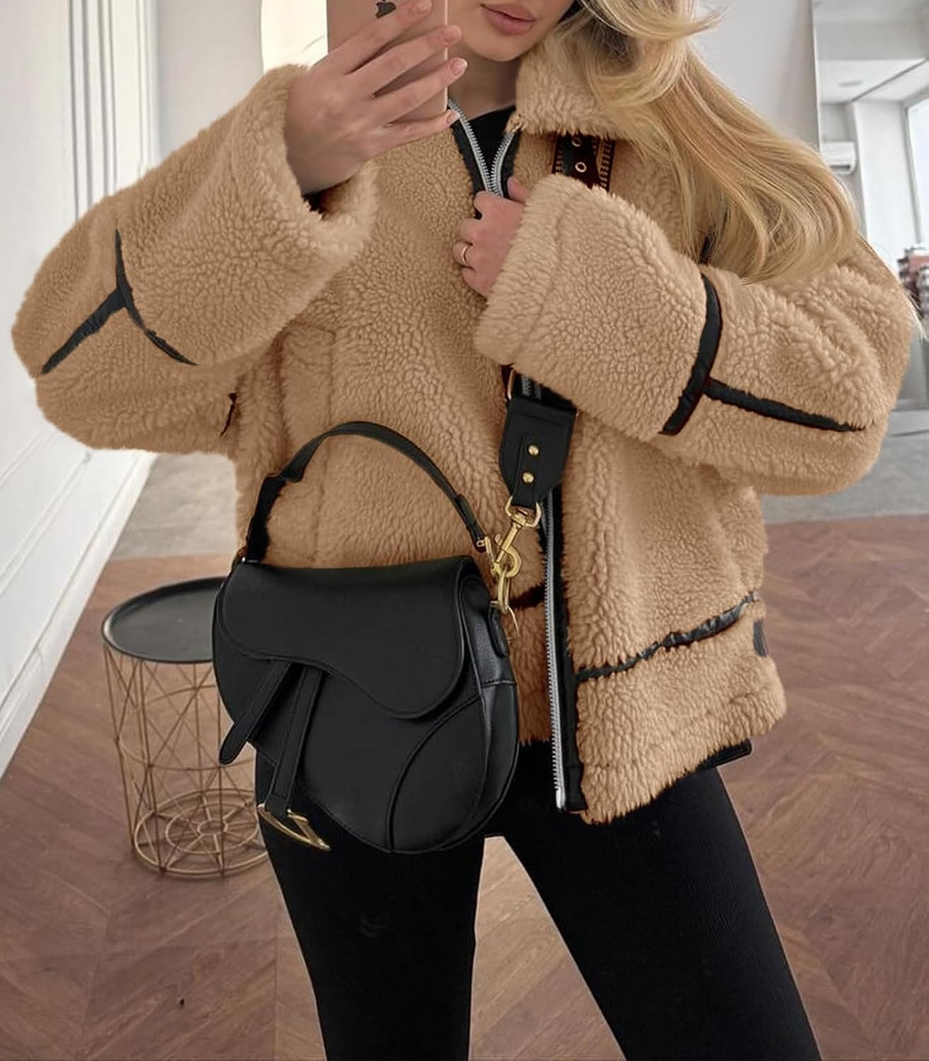 image:imageTankaneo Womens Faux Fur Jackets Winter Trendy Sherpa Moto Zip Up Coat Leather PatchworkRedbrown