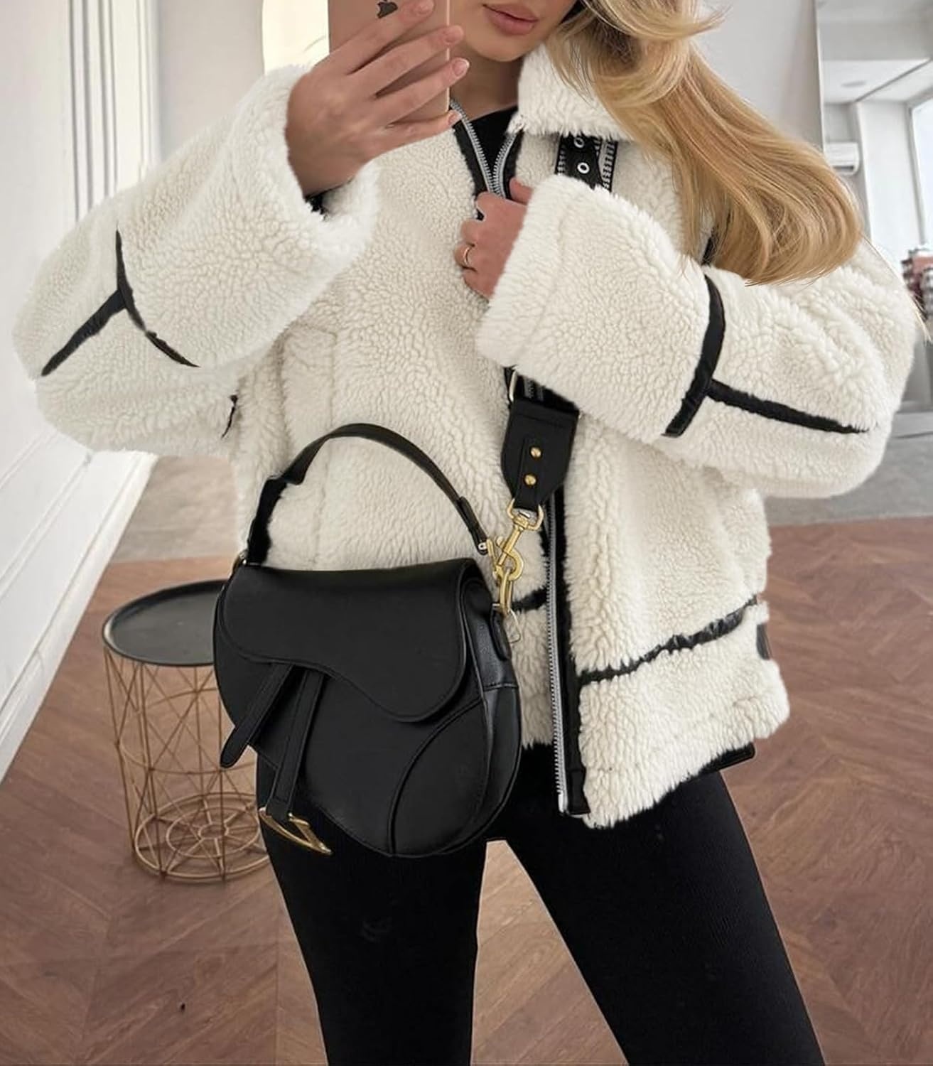 image:imageTankaneo Womens Faux Fur Jackets Winter Trendy Sherpa Moto Zip Up Coat Leather PatchworkWhite