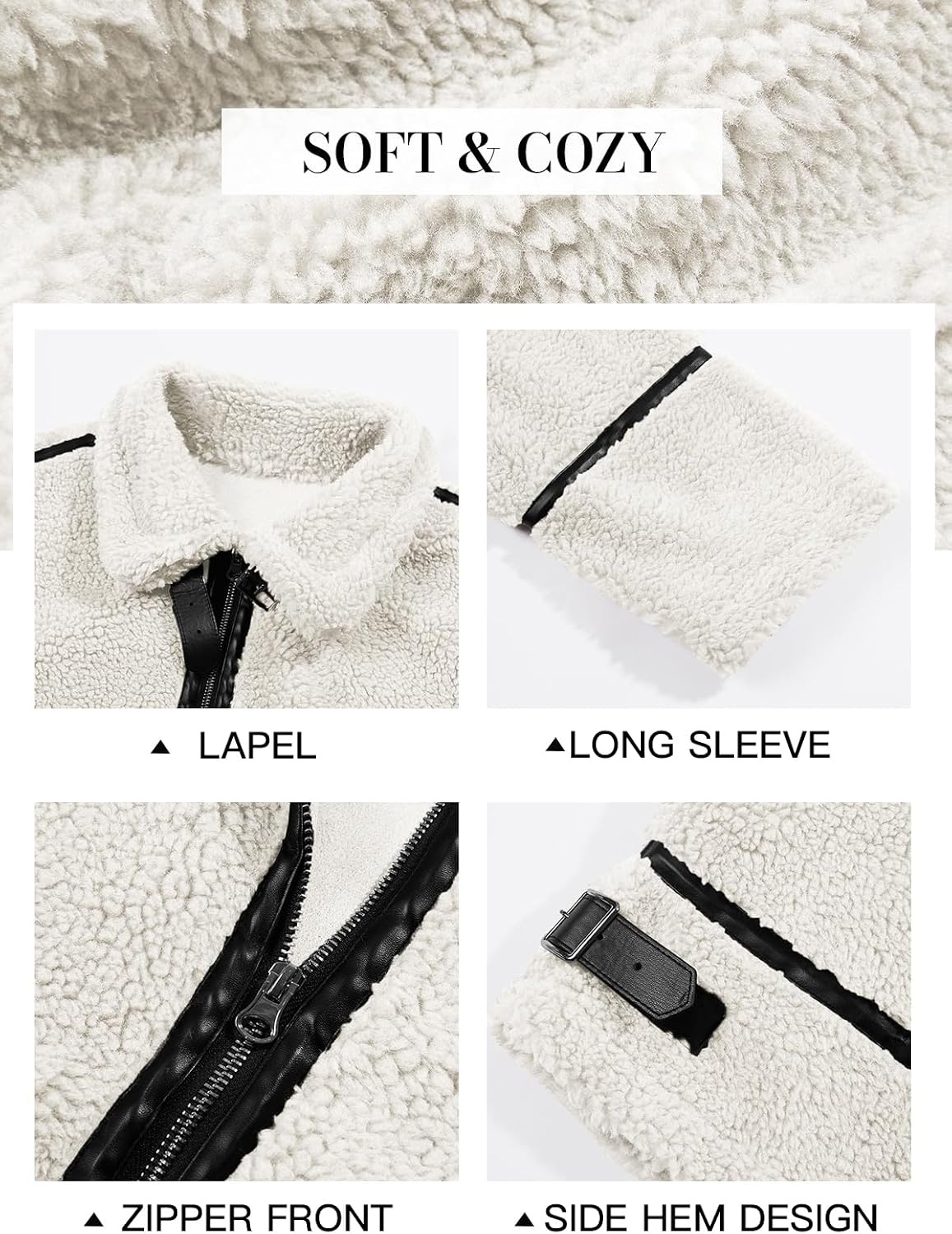 image:imageTankaneo Womens Faux Fur Jackets Winter Trendy Sherpa Moto Zip Up Coat Leather PatchworkWhite