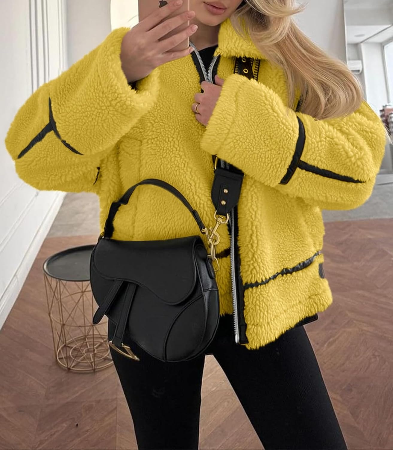 image:imageTankaneo Womens Faux Fur Jackets Winter Trendy Sherpa Moto Zip Up Coat Leather PatchworkYellow