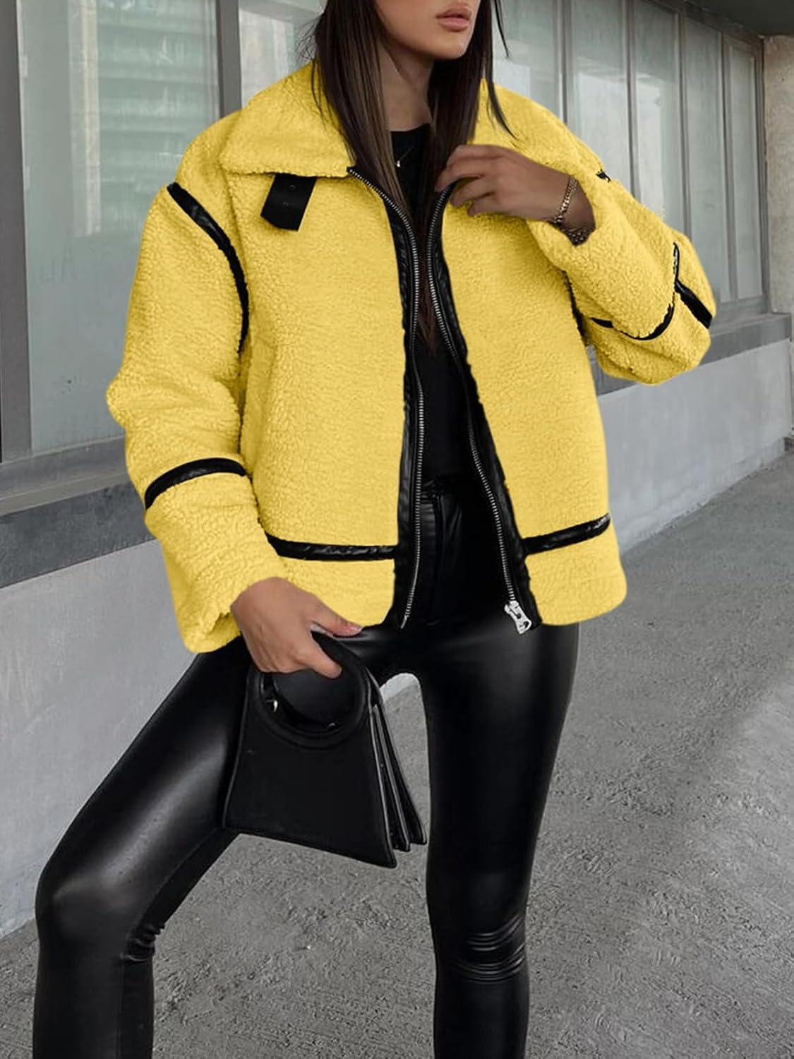 image:imageTankaneo Womens Faux Fur Jackets Winter Trendy Sherpa Moto Zip Up Coat Leather PatchworkYellow