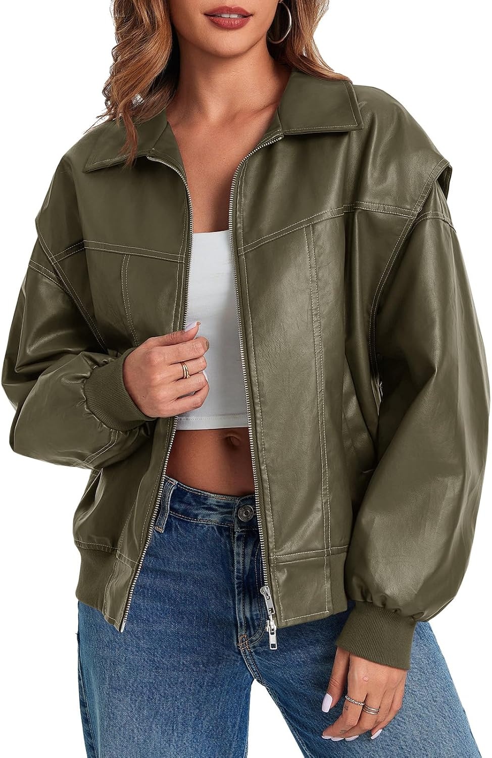 image:imageTankaneo Womens Oversized Leather Bomber Jackets Zip Up Motorcycle Coats Cap Sleeve Zip Up Motorcycle Coats with PocketsArmy Green