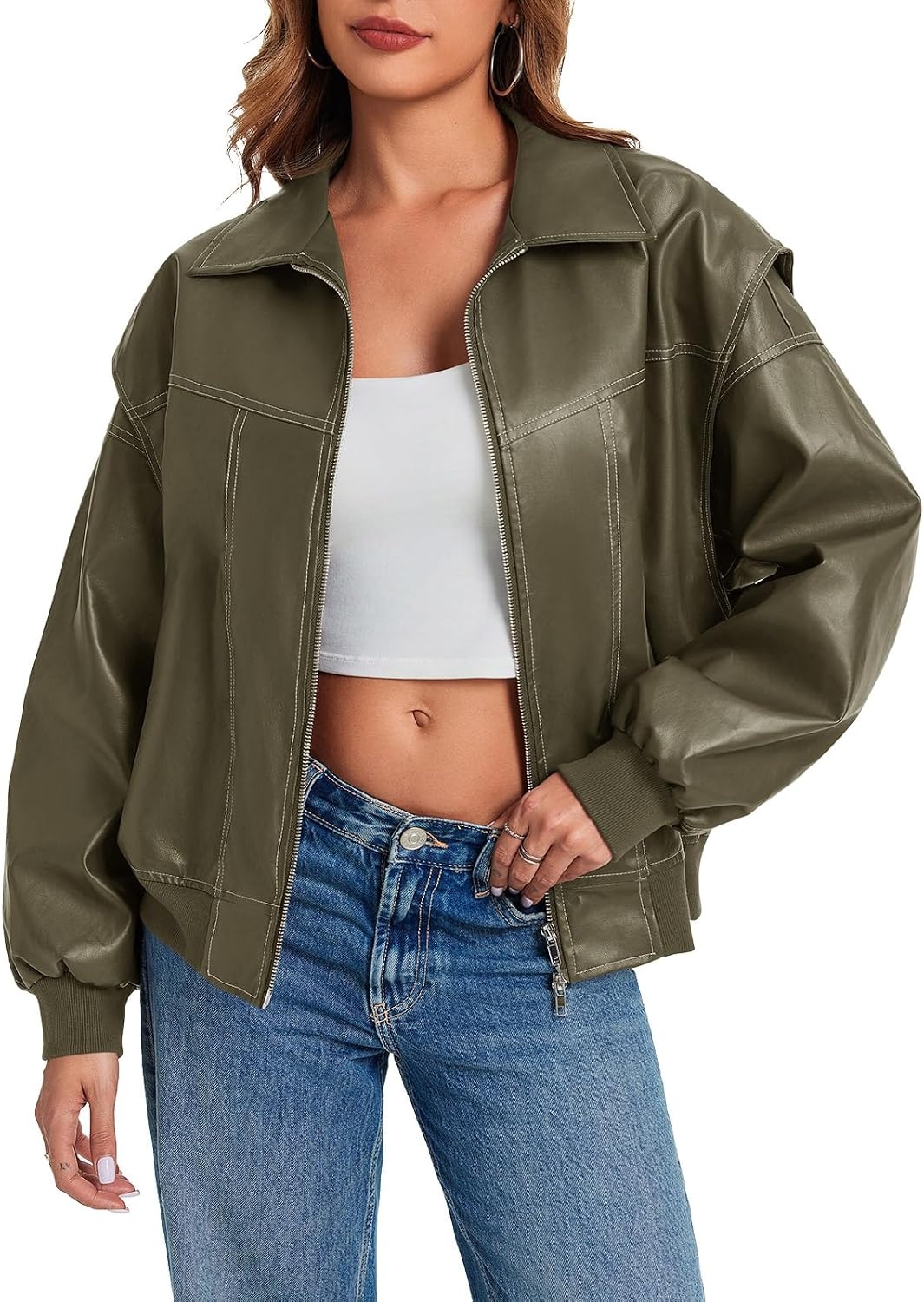image:imageTankaneo Womens Oversized Leather Bomber Jackets Zip Up Motorcycle Coats Cap Sleeve Zip Up Motorcycle Coats with PocketsArmy Green
