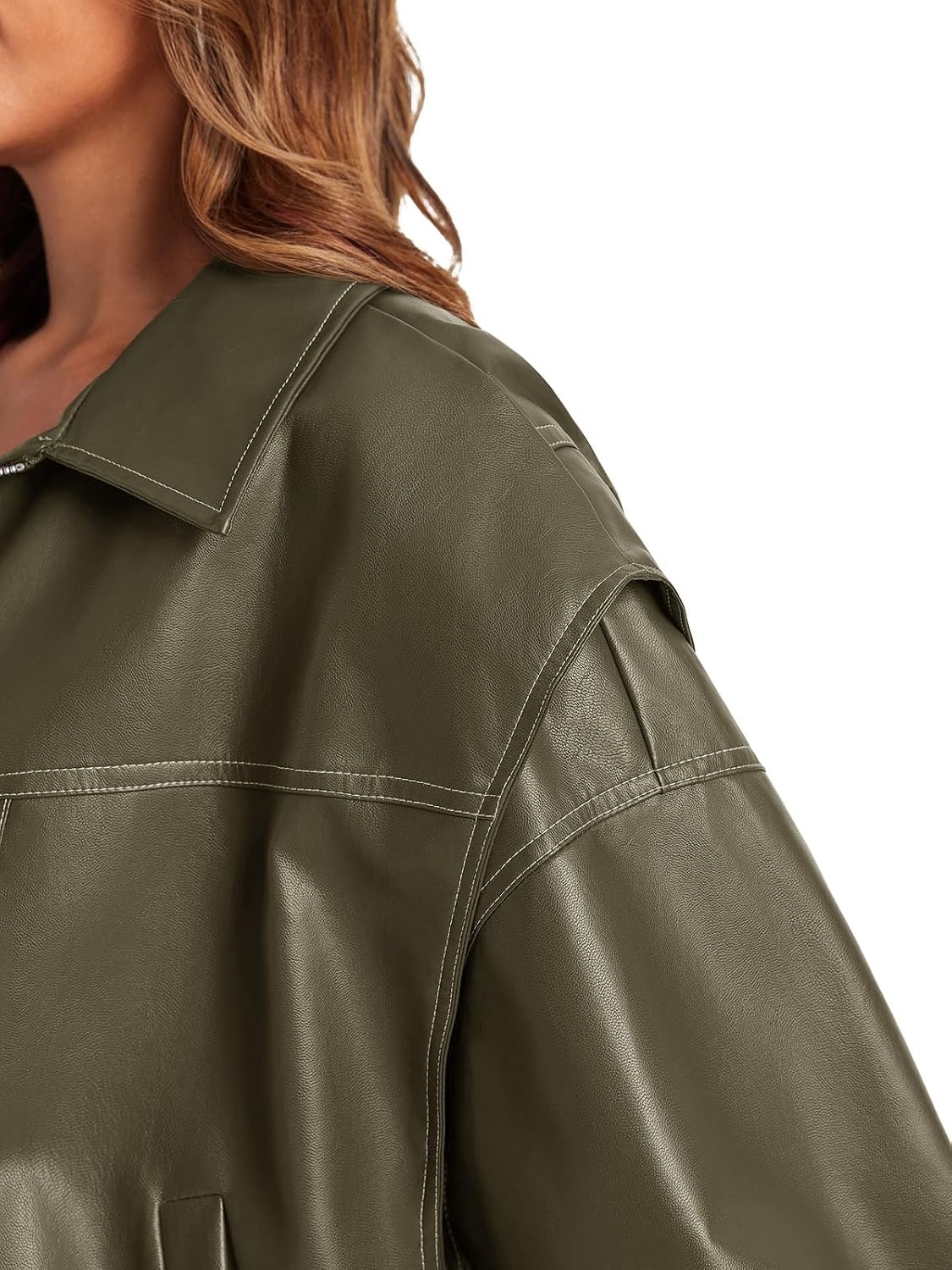 image:imageTankaneo Womens Oversized Leather Bomber Jackets Zip Up Motorcycle Coats Cap Sleeve Zip Up Motorcycle Coats with PocketsArmy Green