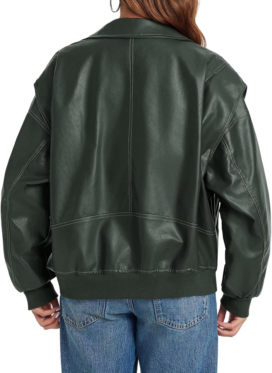 image:imageTankaneo Womens Oversized Leather Bomber Jackets Zip Up Motorcycle Coats Cap Sleeve Zip Up Motorcycle Coats with PocketsDark Green