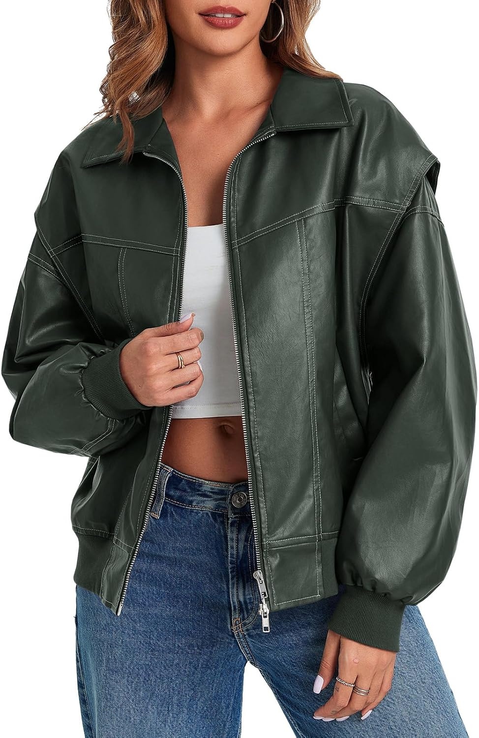 image:imageTankaneo Womens Oversized Leather Bomber Jackets Zip Up Motorcycle Coats Cap Sleeve Zip Up Motorcycle Coats with PocketsDark Green