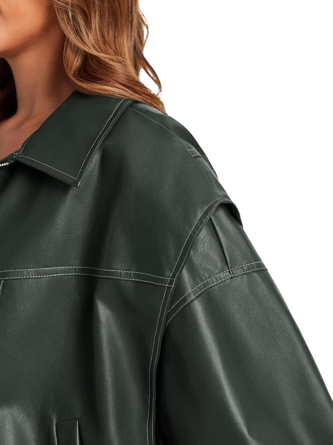 image:imageTankaneo Womens Oversized Leather Bomber Jackets Zip Up Motorcycle Coats Cap Sleeve Zip Up Motorcycle Coats with PocketsDark Green
