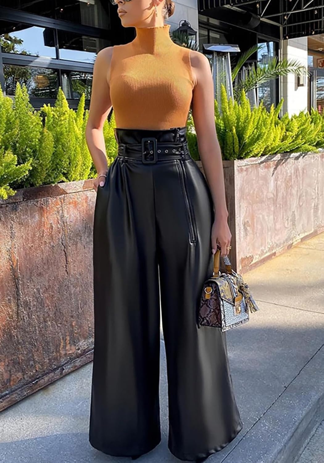 image:imageTcremisa Leather Pants Women High Waisted Faux Leather Wide Leg Pant Stretchy Pu TrousersHigh RiseStraight LegAnkle Length Pants with BeltLoose BaggyTrendy Casual StreetwearBlack