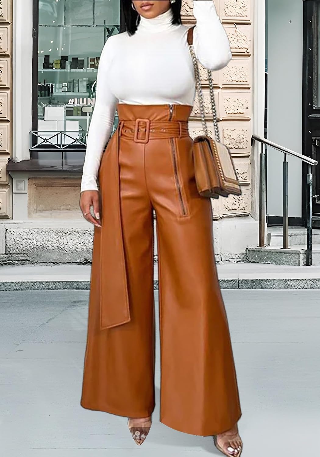 image:imageTcremisa Leather Pants Women High Waisted Faux Leather Wide Leg Pant Stretchy Pu TrousersHigh RiseStraight LegAnkle Length Pants with BeltLoose BaggyTrendy Casual StreetwearBrown