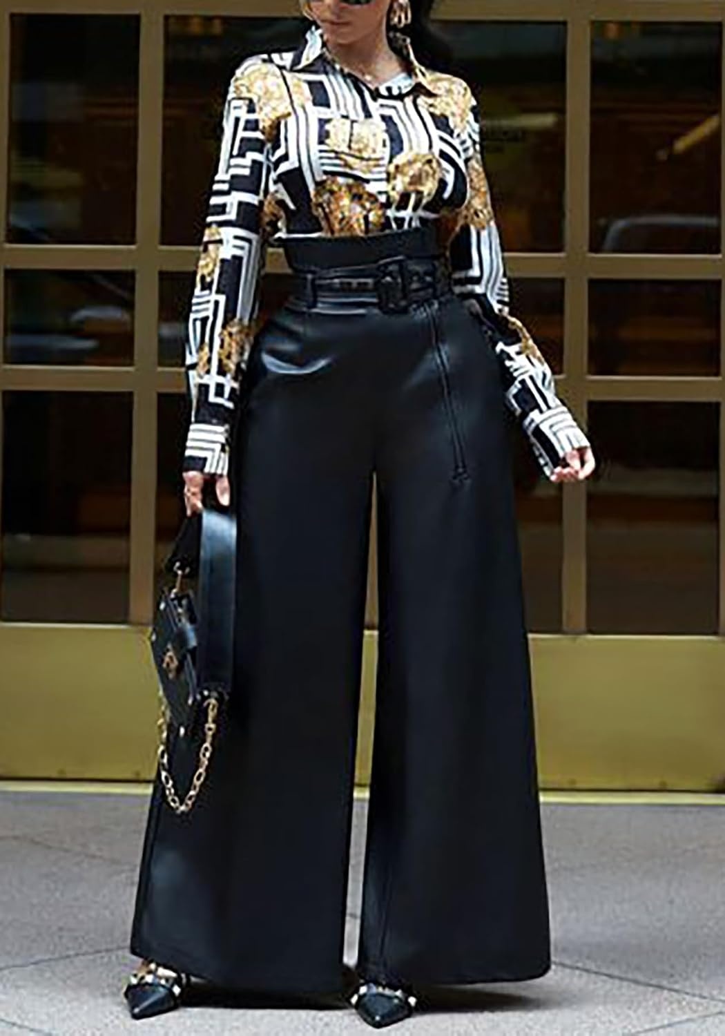 image:imageTcremisa Leather Pants Women High Waisted Faux Leather Wide Leg Pant Stretchy Pu TrousersHigh RiseStraight LegAnkle Length Pants with BeltLoose BaggyTrendy Casual StreetwearBlack