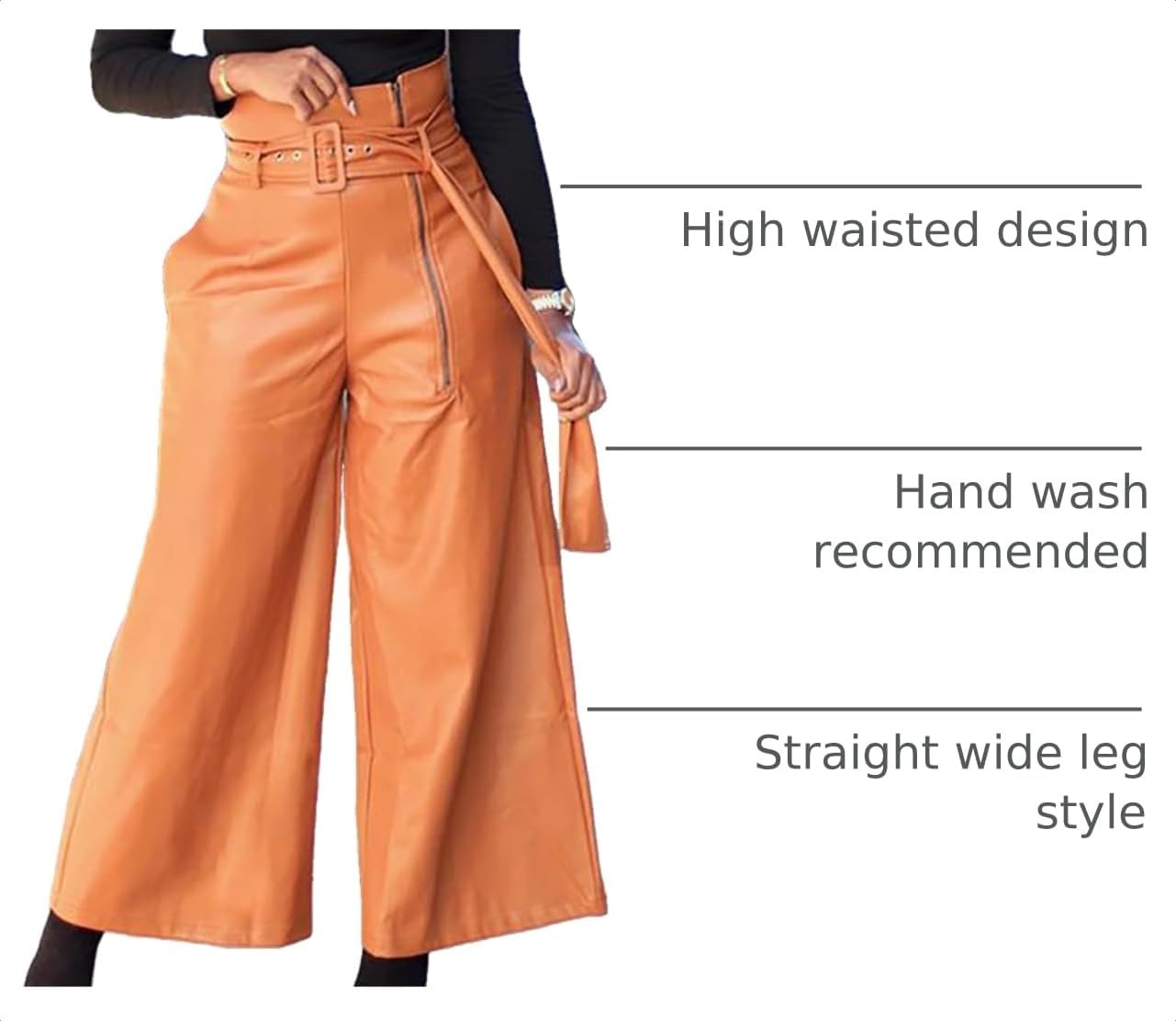 image:imageTcremisa Leather Pants Women High Waisted Faux Leather Wide Leg Pant Stretchy Pu TrousersHigh RiseStraight LegAnkle Length Pants with BeltLoose BaggyTrendy Casual StreetwearBrown