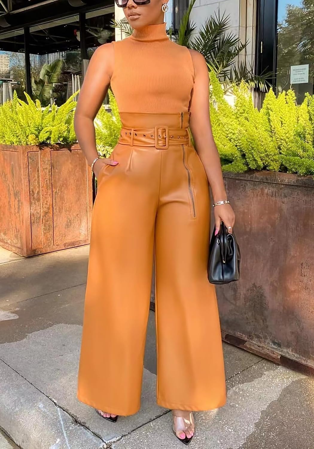 image:imageTcremisa Leather Pants Women High Waisted Faux Leather Wide Leg Pant Stretchy Pu TrousersHigh RiseStraight LegAnkle Length Pants with BeltLoose BaggyTrendy Casual StreetwearBrown