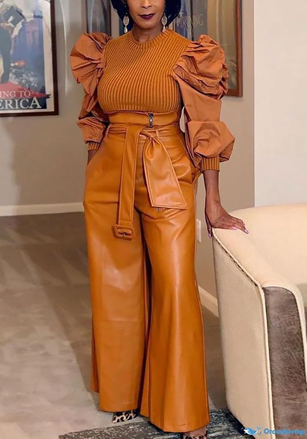 image:imageTcremisa Leather Pants Women High Waisted Faux Leather Wide Leg Pant Stretchy Pu TrousersHigh RiseStraight LegAnkle Length Pants with BeltLoose BaggyTrendy Casual StreetwearBrown