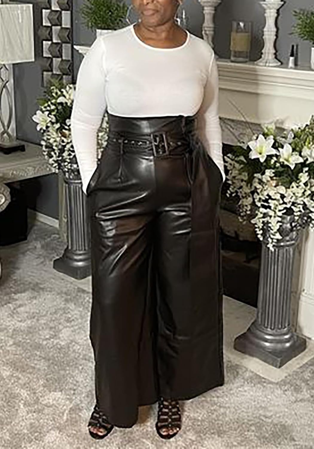 image:imageTcremisa Leather Pants Women High Waisted Faux Leather Wide Leg Pant Stretchy Pu TrousersHigh RiseStraight LegAnkle Length Pants with BeltLoose BaggyTrendy Casual StreetwearBlack