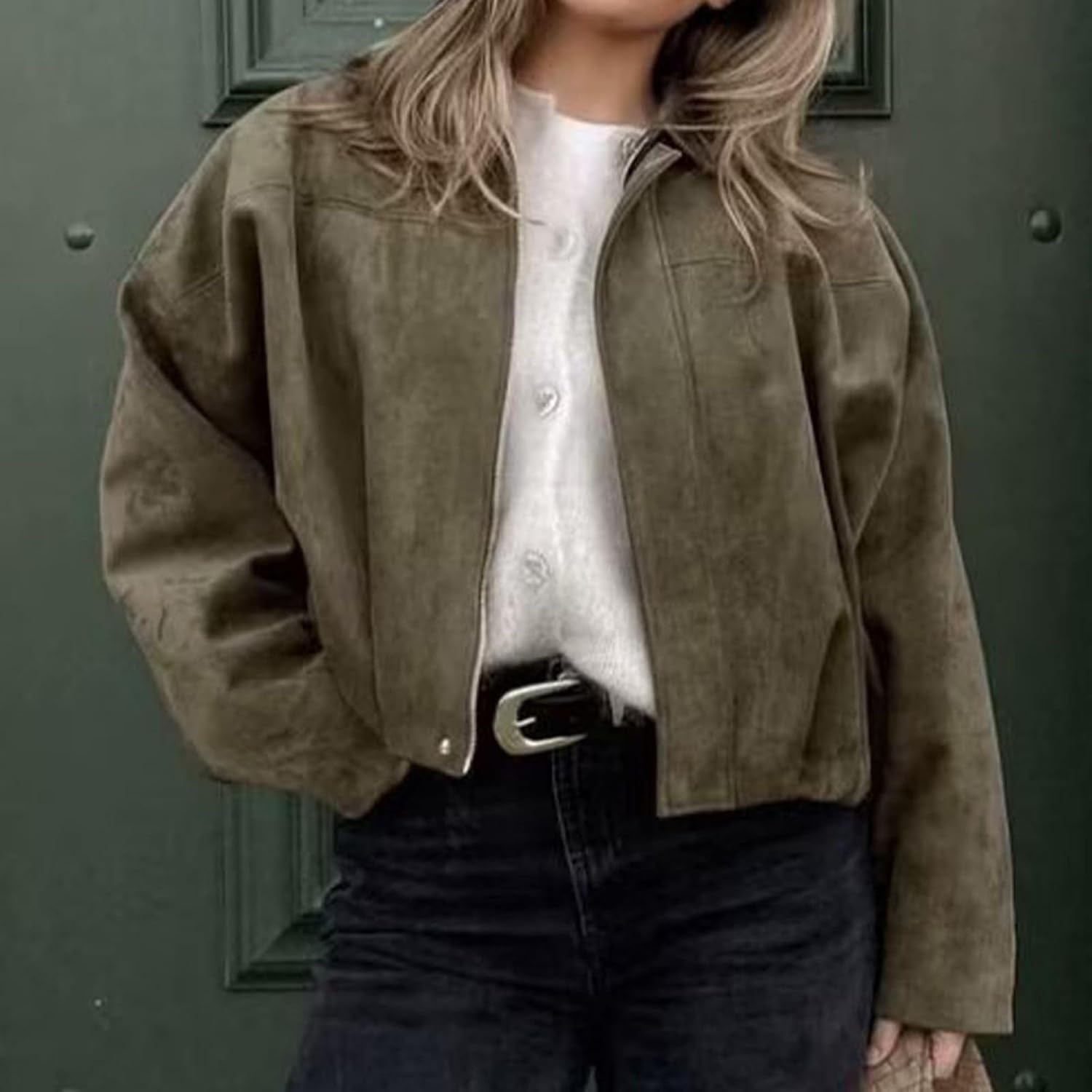 image:imageWOWULOVELY Womens Faux Suede Bomber Jacket Lapel Pilot Motorcycle Coat Spring Long Sleeves Trendy Streetwear Outerwear01pocket Army Green