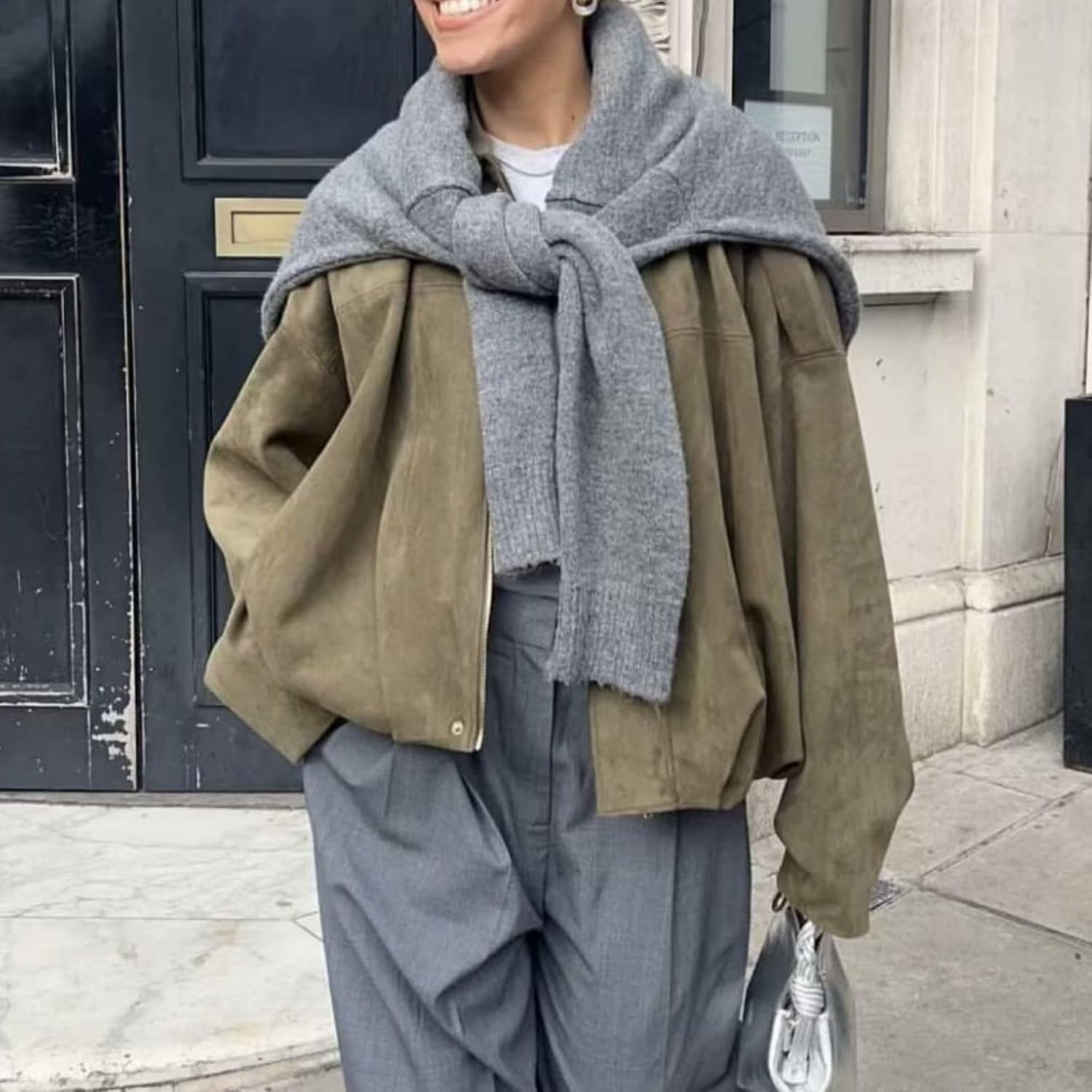image:imageWOWULOVELY Womens Faux Suede Bomber Jacket Lapel Pilot Motorcycle Coat Spring Long Sleeves Trendy Streetwear Outerwear01pocket Army Green