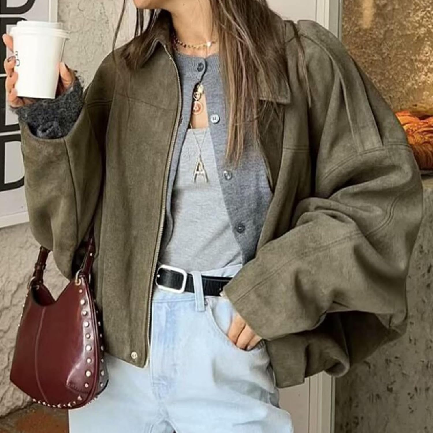 image:imageWOWULOVELY Womens Faux Suede Bomber Jacket Lapel Pilot Motorcycle Coat Spring Long Sleeves Trendy Streetwear Outerwear01pocket Army Green
