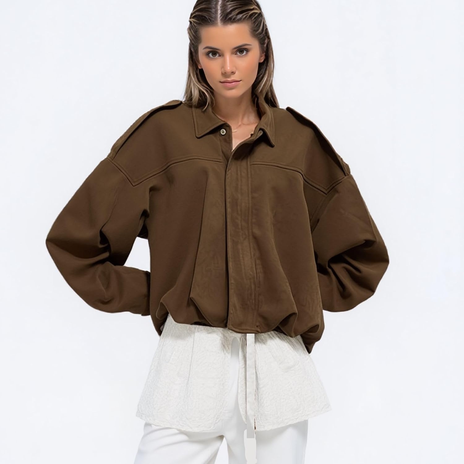 image:imageWOWULOVELY Womens Faux Suede Bomber Jacket Lapel Pilot Motorcycle Coat Spring Long Sleeves Trendy Streetwear Outerwear01pocket Coffee