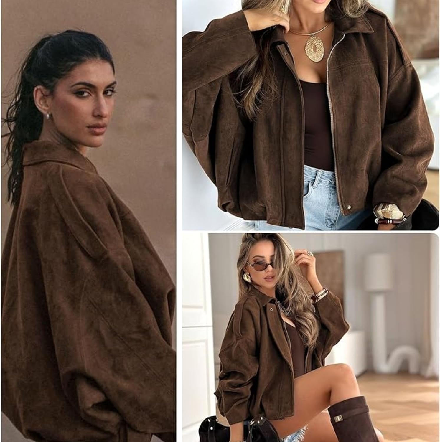 image:imageWOWULOVELY Womens Faux Suede Bomber Jacket Lapel Pilot Motorcycle Coat Spring Long Sleeves Trendy Streetwear Outerwear01pocket Coffee