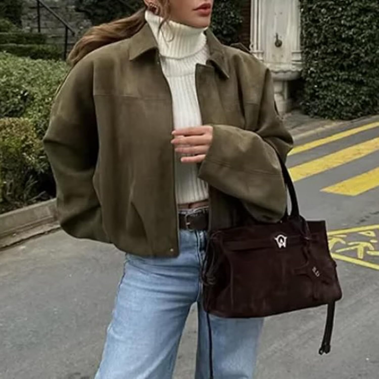 image:imageWOWULOVELY Womens Faux Suede Bomber Jacket Lapel Pilot Motorcycle Coat Spring Long Sleeves Trendy Streetwear OuterwearArmy Green