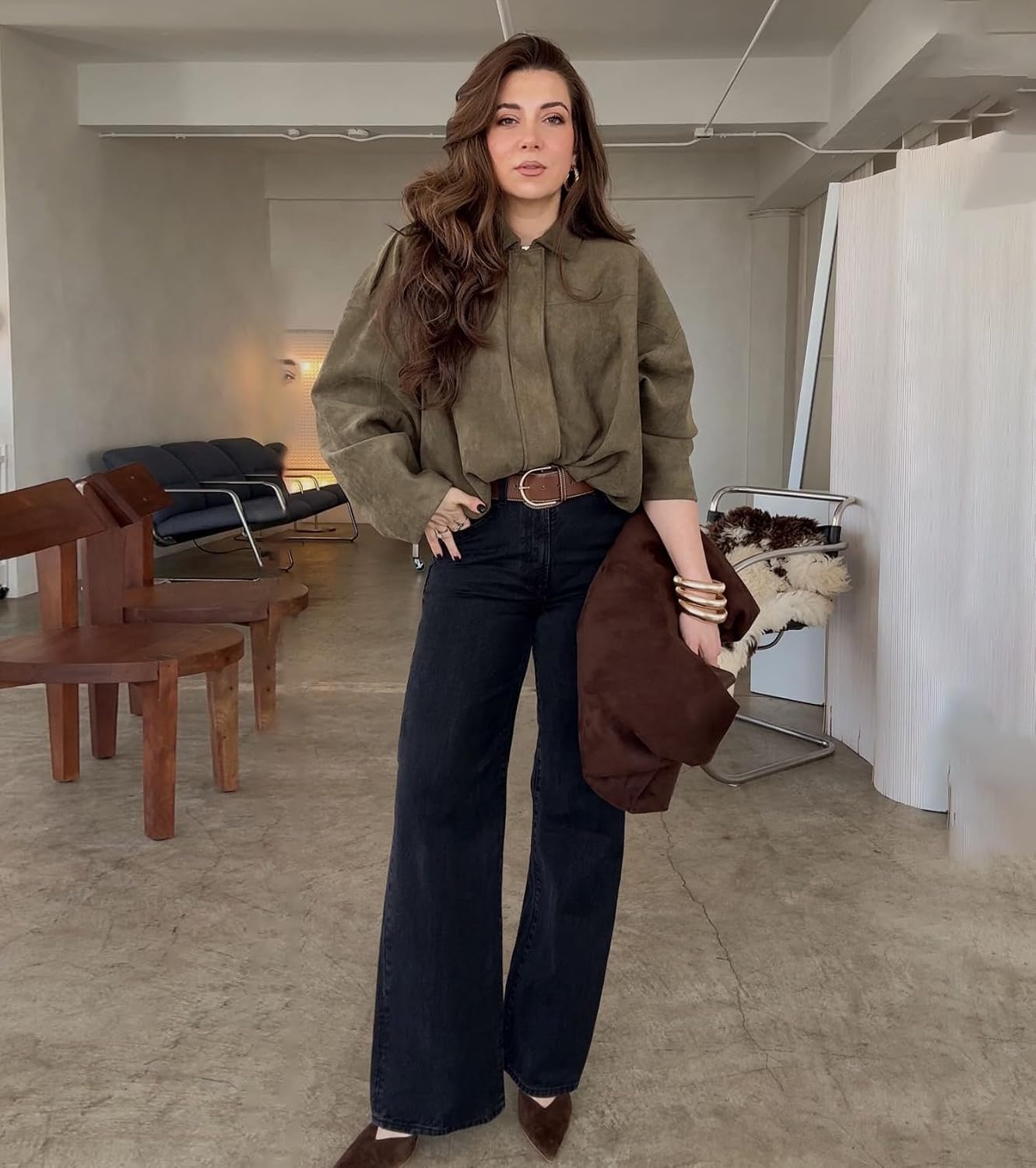 image:imageWOWULOVELY Womens Faux Suede Bomber Jacket Lapel Pilot Motorcycle Coat Spring Long Sleeves Trendy Streetwear OuterwearArmy Green