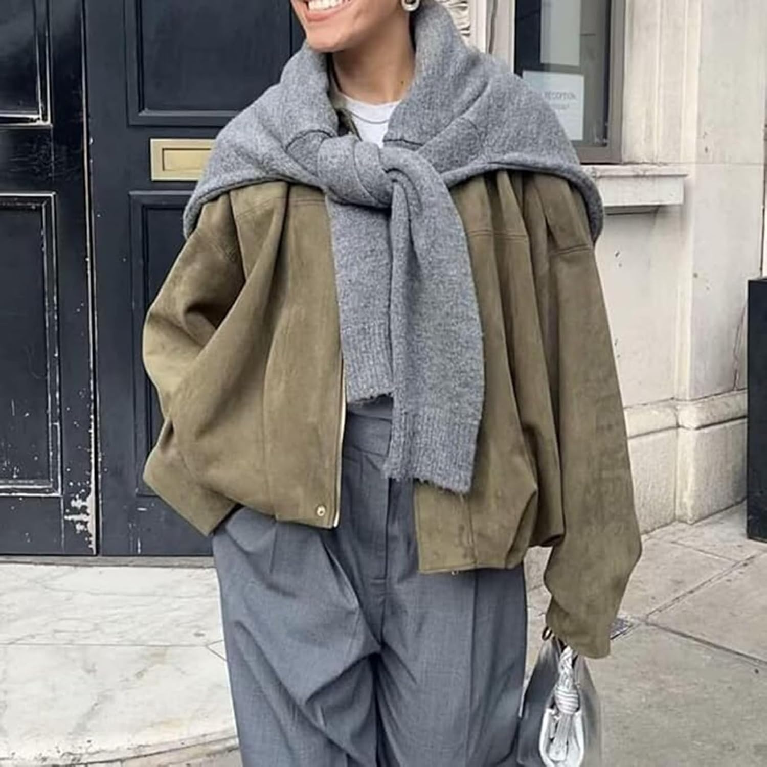 image:imageWOWULOVELY Womens Faux Suede Bomber Jacket Lapel Pilot Motorcycle Coat Spring Long Sleeves Trendy Streetwear OuterwearArmy Green