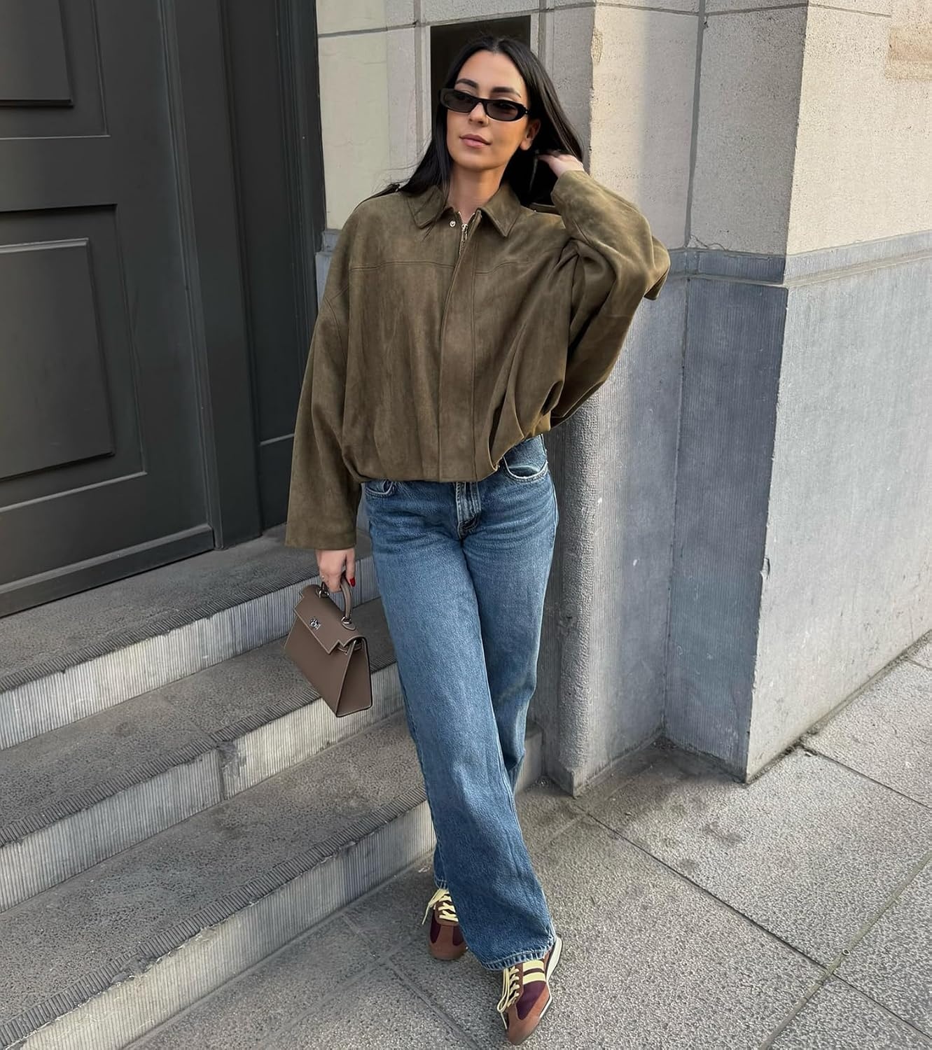 image:imageWOWULOVELY Womens Faux Suede Bomber Jacket Lapel Pilot Motorcycle Coat Spring Long Sleeves Trendy Streetwear OuterwearArmy Green