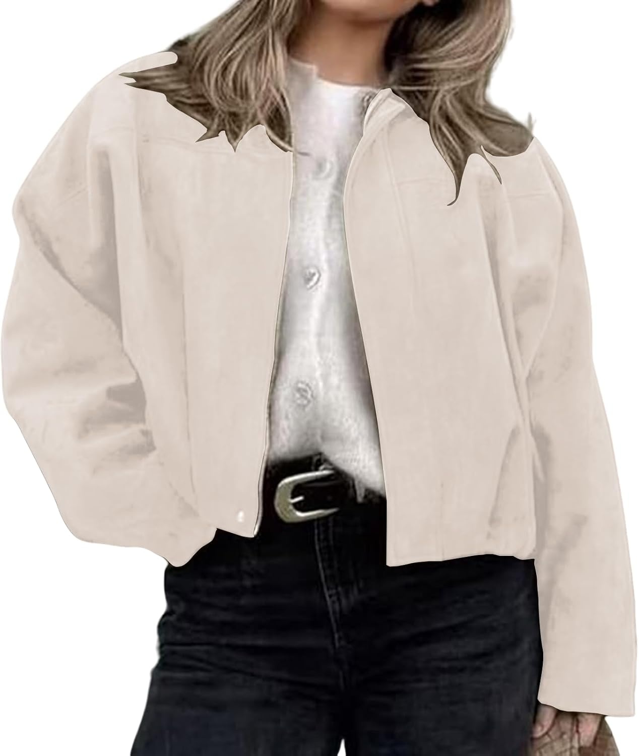 image:imageWOWULOVELY Womens Faux Suede Bomber Jacket Lapel Pilot Motorcycle Coat Spring Long Sleeves Trendy Streetwear OuterwearBeige