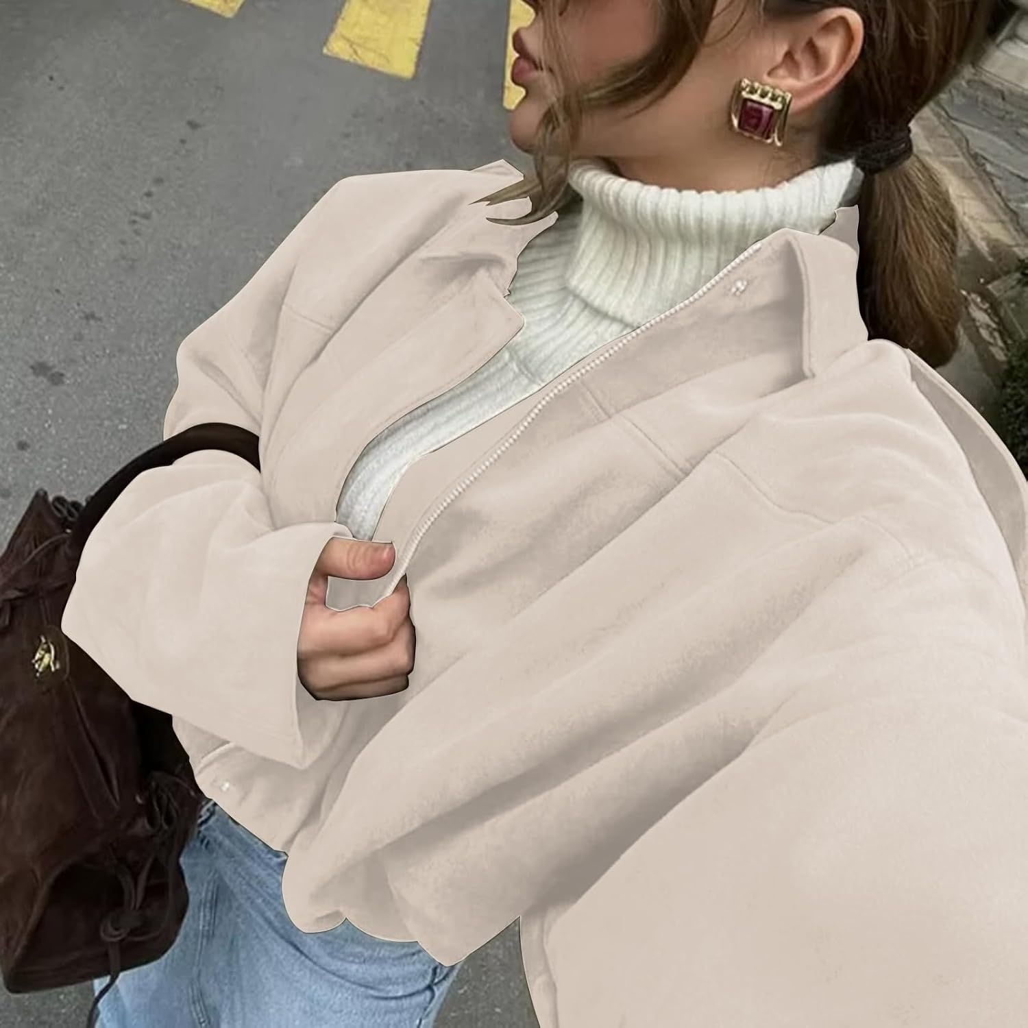 image:imageWOWULOVELY Womens Faux Suede Bomber Jacket Lapel Pilot Motorcycle Coat Spring Long Sleeves Trendy Streetwear OuterwearBeige