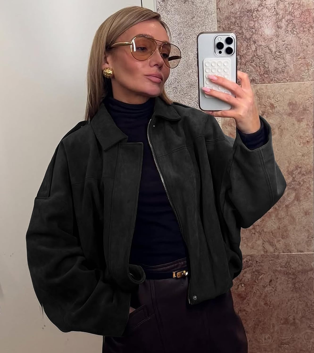image:imageWOWULOVELY Womens Faux Suede Bomber Jacket Lapel Pilot Motorcycle Coat Spring Long Sleeves Trendy Streetwear OuterwearBlack