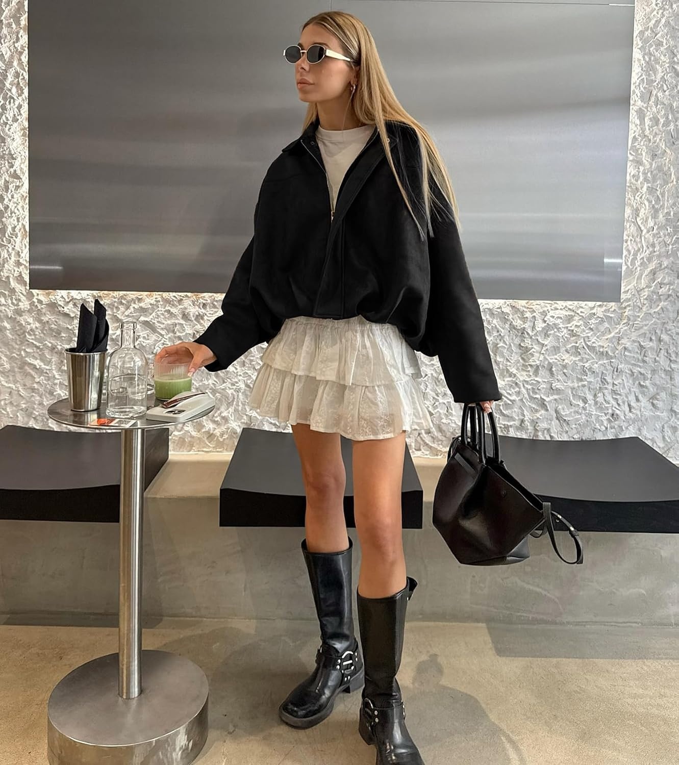 image:imageWOWULOVELY Womens Faux Suede Bomber Jacket Lapel Pilot Motorcycle Coat Spring Long Sleeves Trendy Streetwear OuterwearBlack