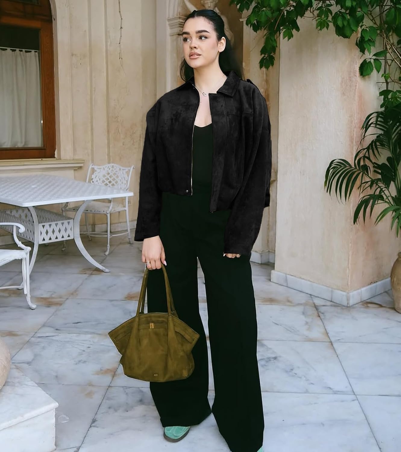 image:imageWOWULOVELY Womens Faux Suede Bomber Jacket Lapel Pilot Motorcycle Coat Spring Long Sleeves Trendy Streetwear OuterwearBlack