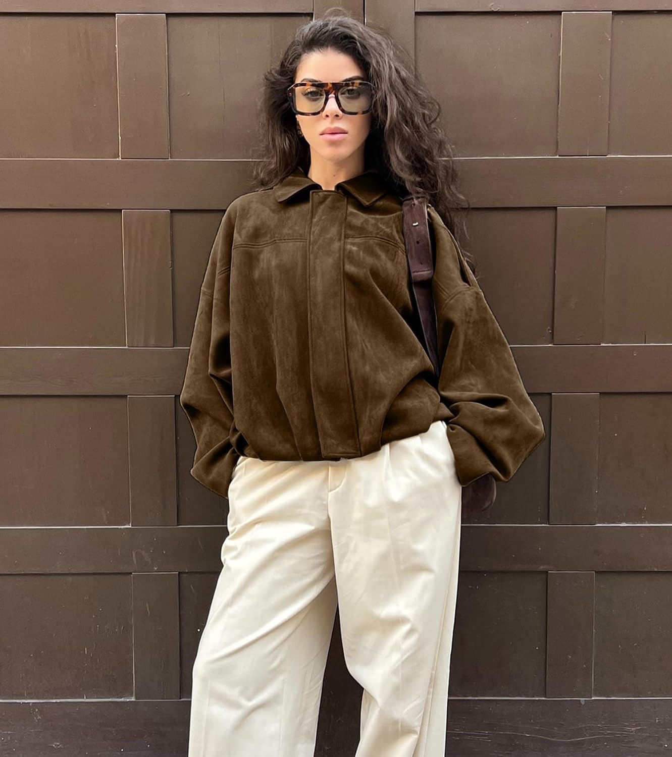 image:imageWOWULOVELY Womens Faux Suede Bomber Jacket Lapel Pilot Motorcycle Coat Spring Long Sleeves Trendy Streetwear OuterwearBrown