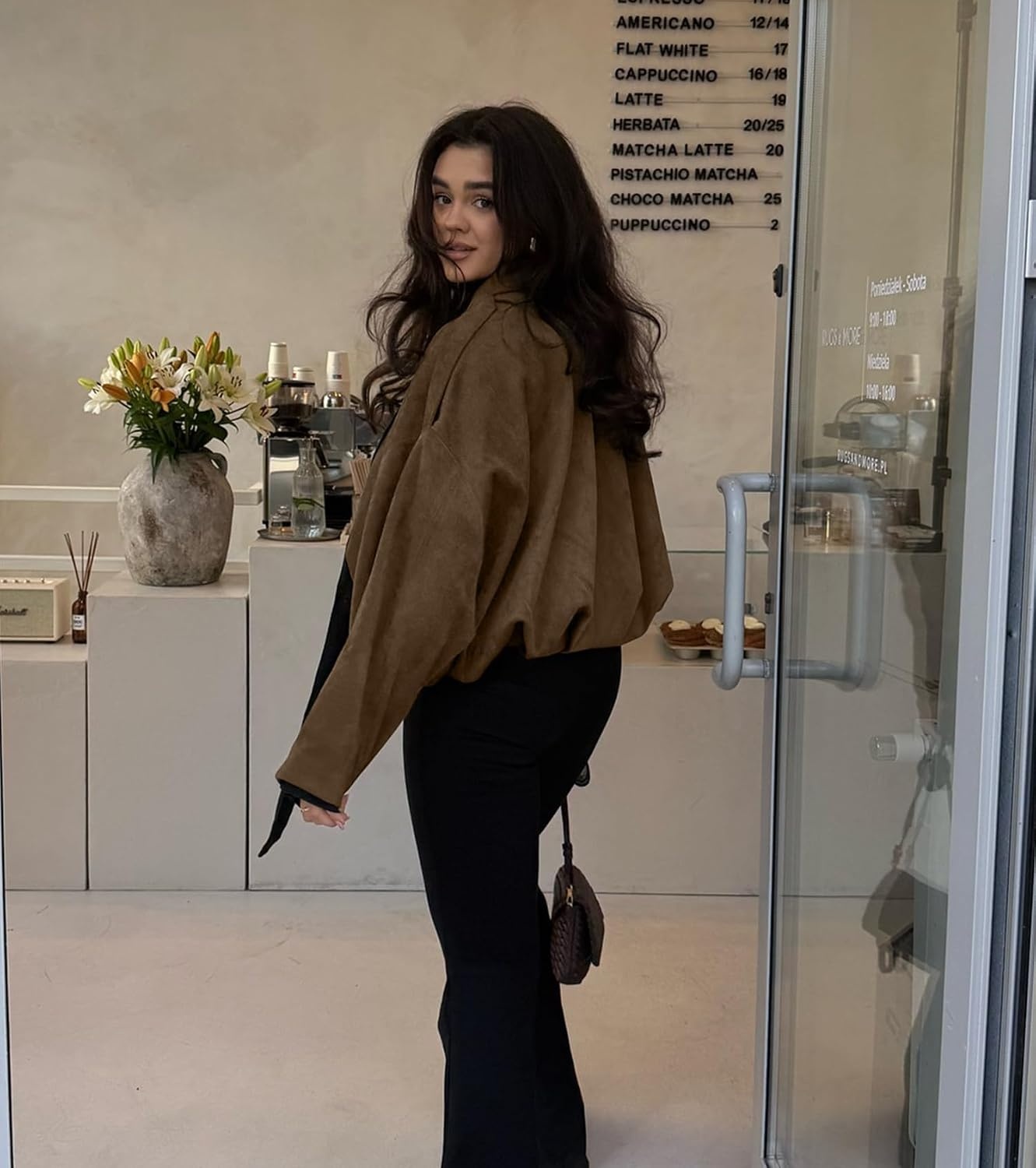 image:imageWOWULOVELY Womens Faux Suede Bomber Jacket Lapel Pilot Motorcycle Coat Spring Long Sleeves Trendy Streetwear OuterwearBrown