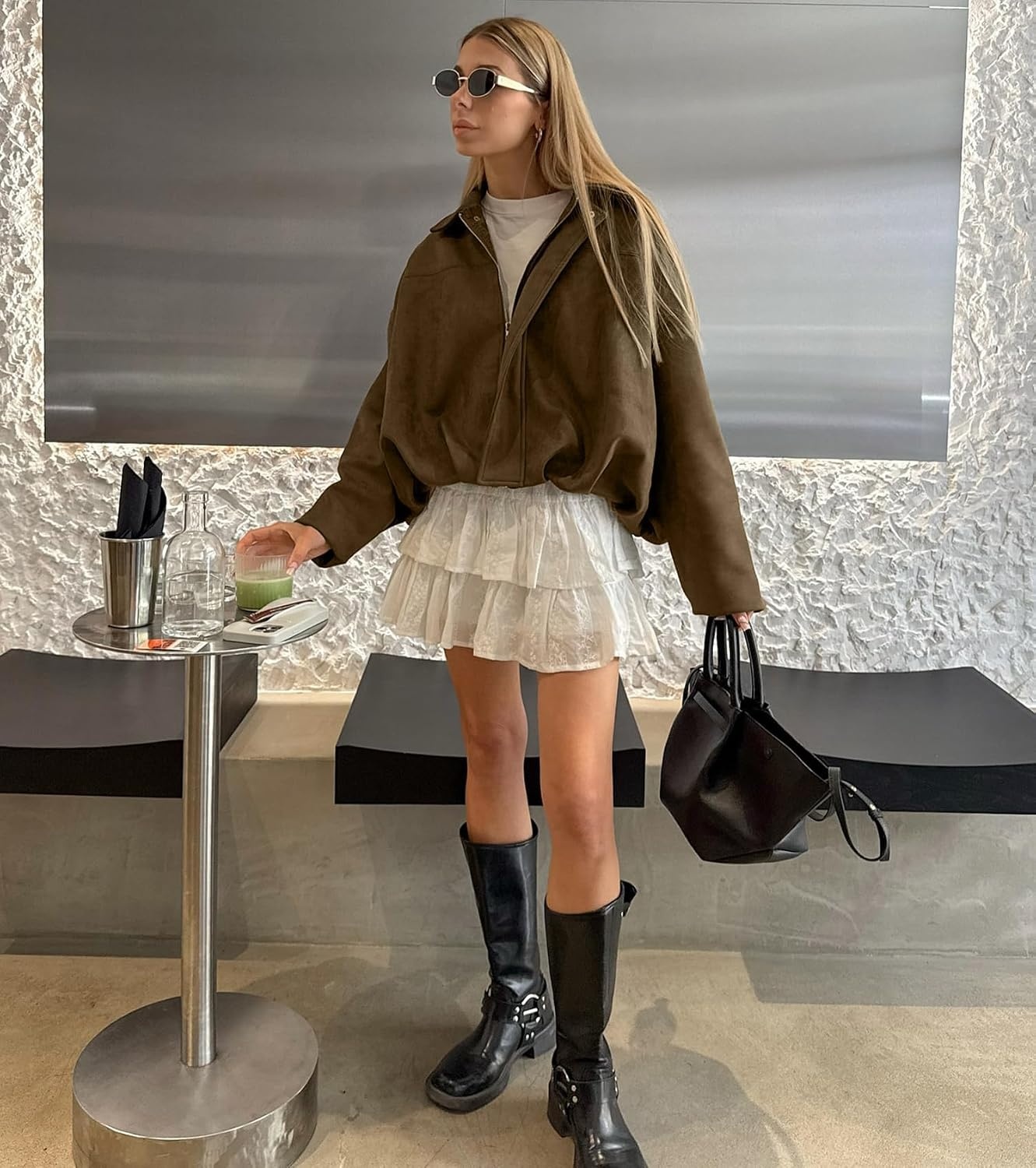image:imageWOWULOVELY Womens Faux Suede Bomber Jacket Lapel Pilot Motorcycle Coat Spring Long Sleeves Trendy Streetwear OuterwearBrown