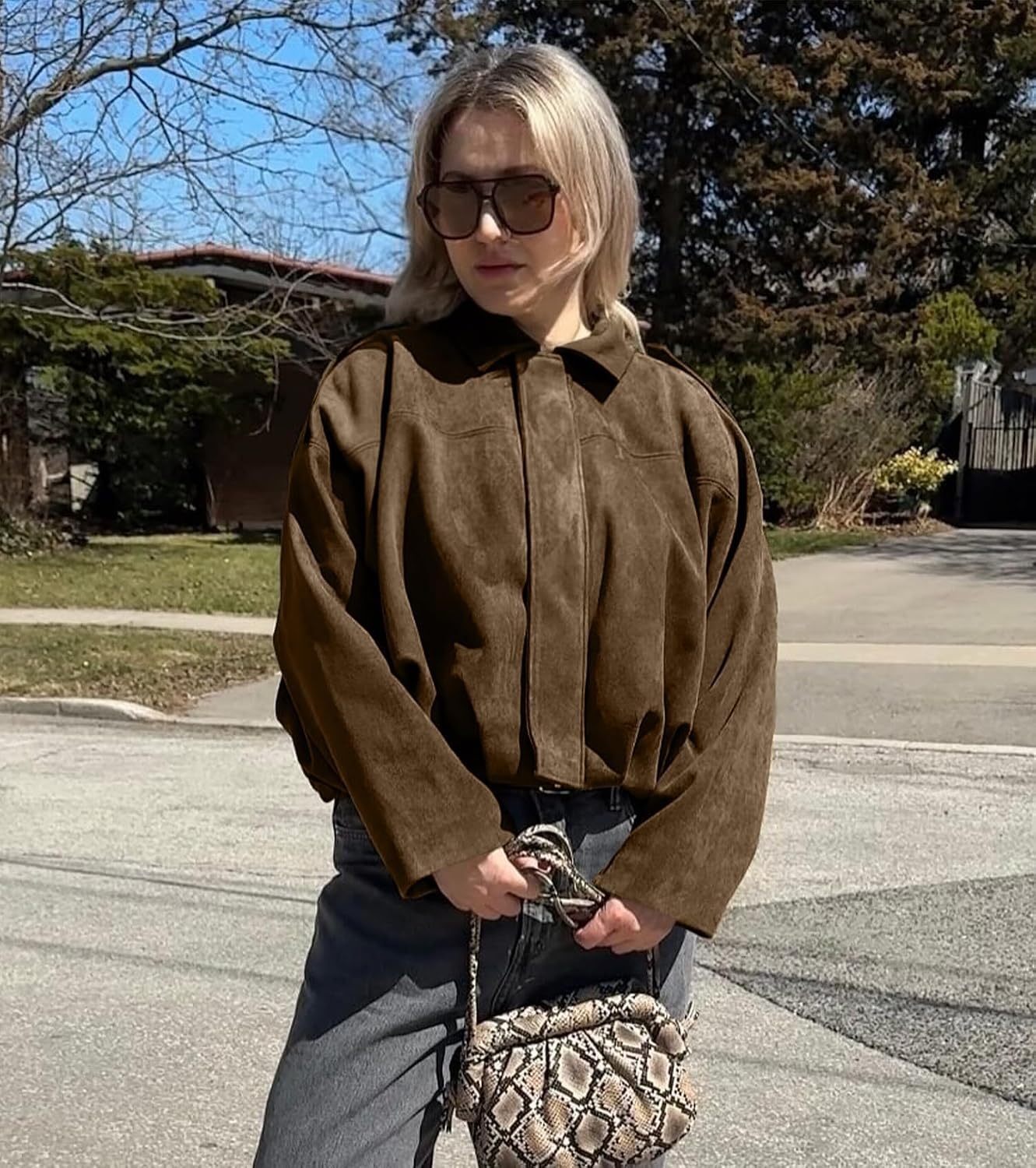 image:imageWOWULOVELY Womens Faux Suede Bomber Jacket Lapel Pilot Motorcycle Coat Spring Long Sleeves Trendy Streetwear OuterwearBrown