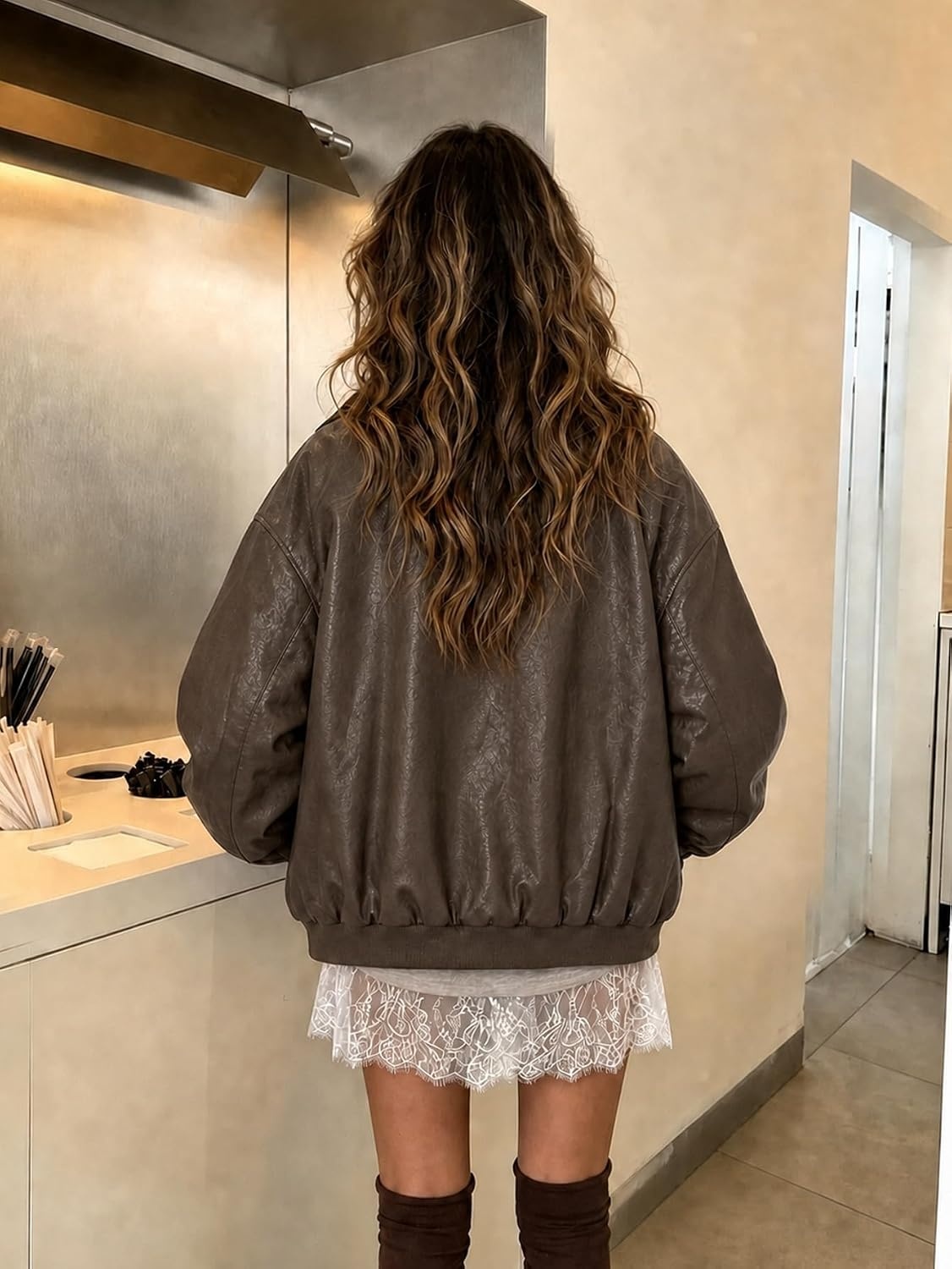 image:imageWomen Faux Leather Jacket Oversize PU Motorcycle Coat Trendy Windproof Classic Lightweight Moto Biker Jacket Long Sleeve Zip Up Bomber Coat Spring Fall Fashion Cropped OvercoatBrown