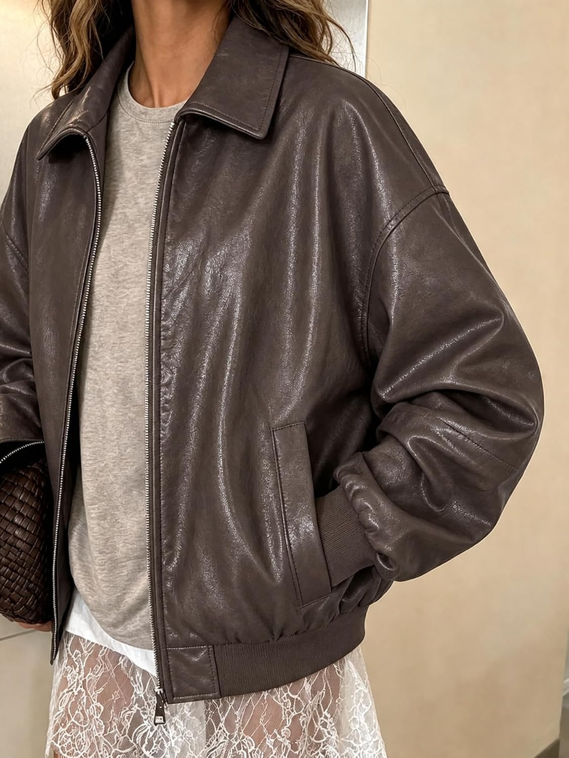 image:imageWomen Faux Leather Jacket Oversize PU Motorcycle Coat Trendy Windproof Classic Lightweight Moto Biker Jacket Long Sleeve Zip Up Bomber Coat Spring Fall Fashion Cropped OvercoatBrown