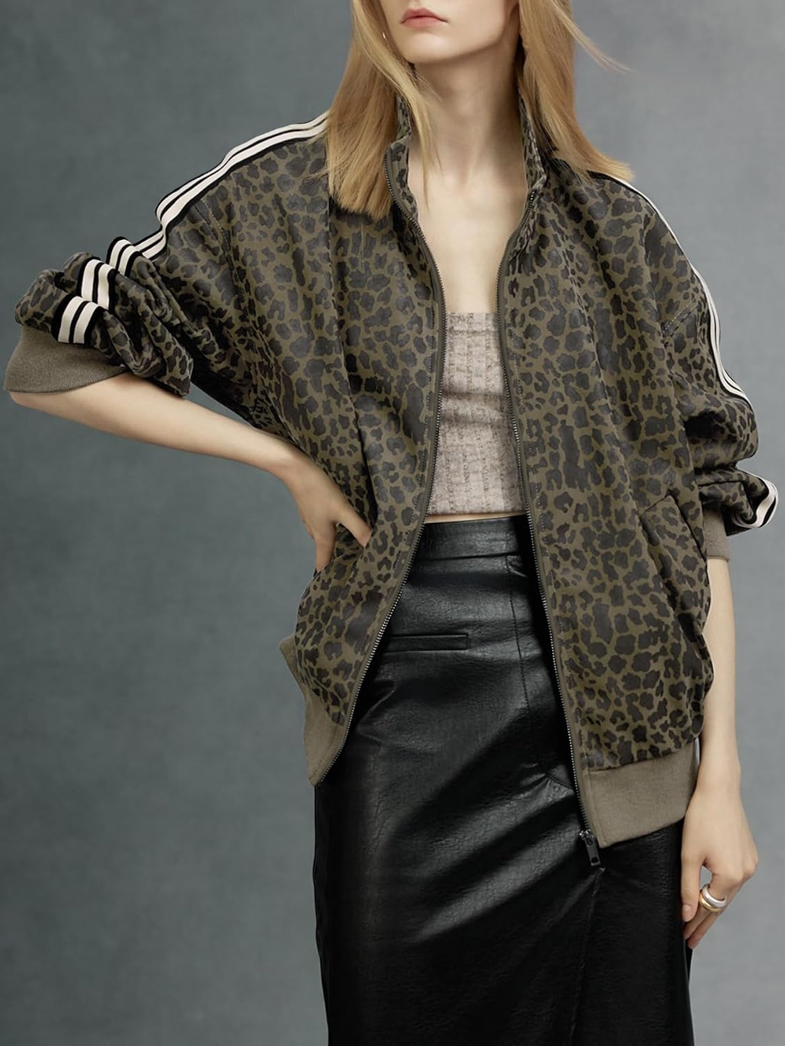 image:imageWomen Faux Leather Jacket Oversize PU Motorcycle Coat Trendy Windproof Classic Lightweight Moto Biker Jacket Long Sleeve Zip Up Bomber Coat Spring Fall Fashion Cropped OvercoatLbrown Leopard