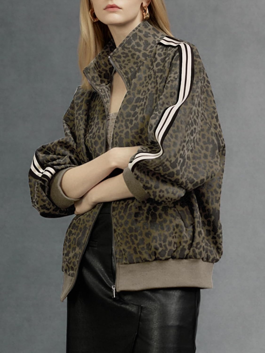 image:imageWomen Faux Leather Jacket Oversize PU Motorcycle Coat Trendy Windproof Classic Lightweight Moto Biker Jacket Long Sleeve Zip Up Bomber Coat Spring Fall Fashion Cropped OvercoatLbrown Leopard