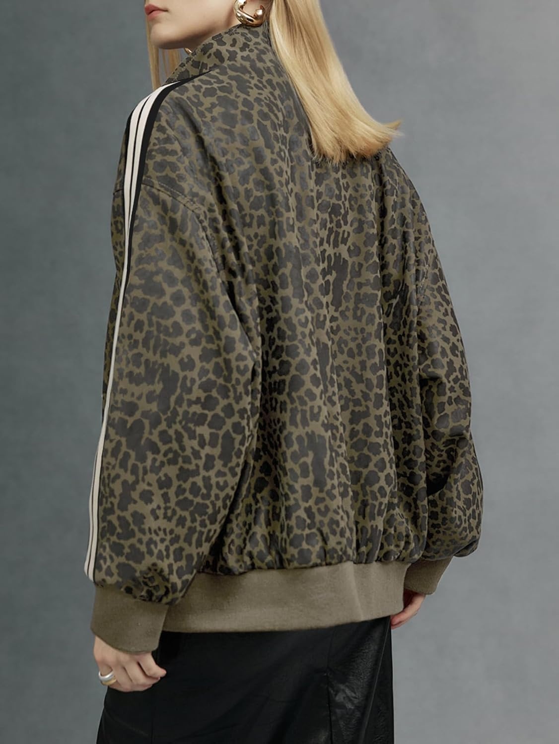 image:imageWomen Faux Leather Jacket Oversize PU Motorcycle Coat Trendy Windproof Classic Lightweight Moto Biker Jacket Long Sleeve Zip Up Bomber Coat Spring Fall Fashion Cropped OvercoatLbrown Leopard