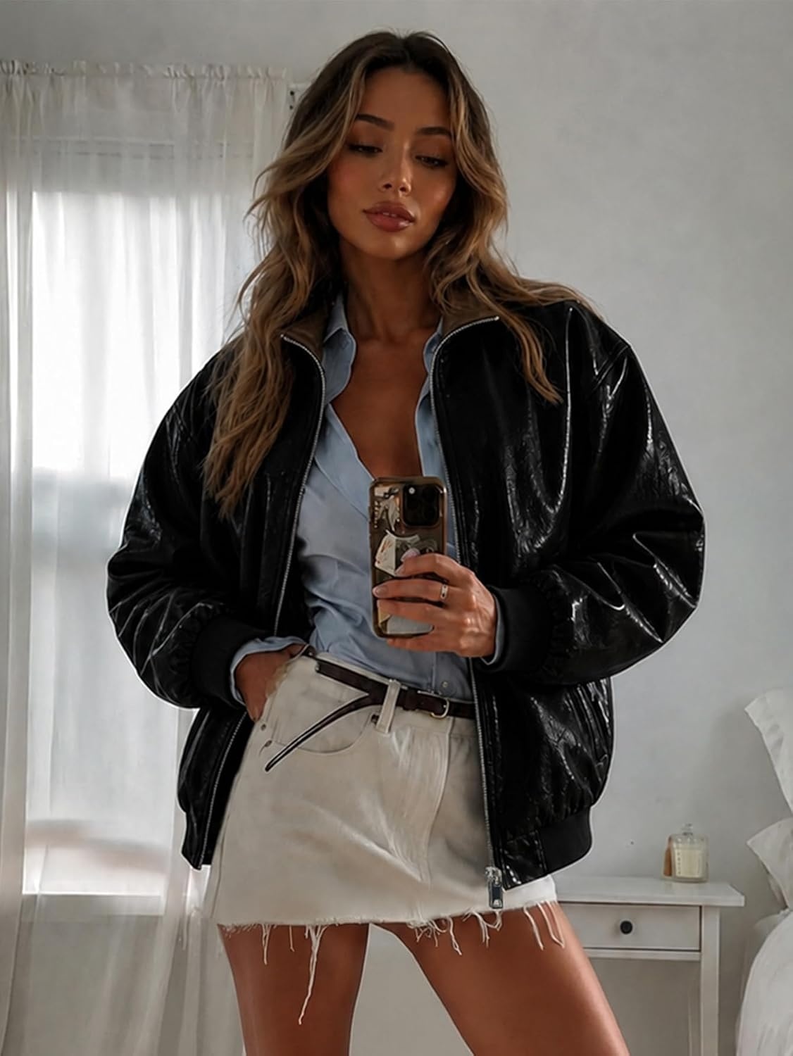 image:imageWomen Faux Leather Jacket Oversize PU Motorcycle Coat Trendy Windproof Classic Lightweight Moto Biker Jacket Long Sleeve Zip Up Bomber Coat Spring Fall Fashion Cropped OvercoatBlack