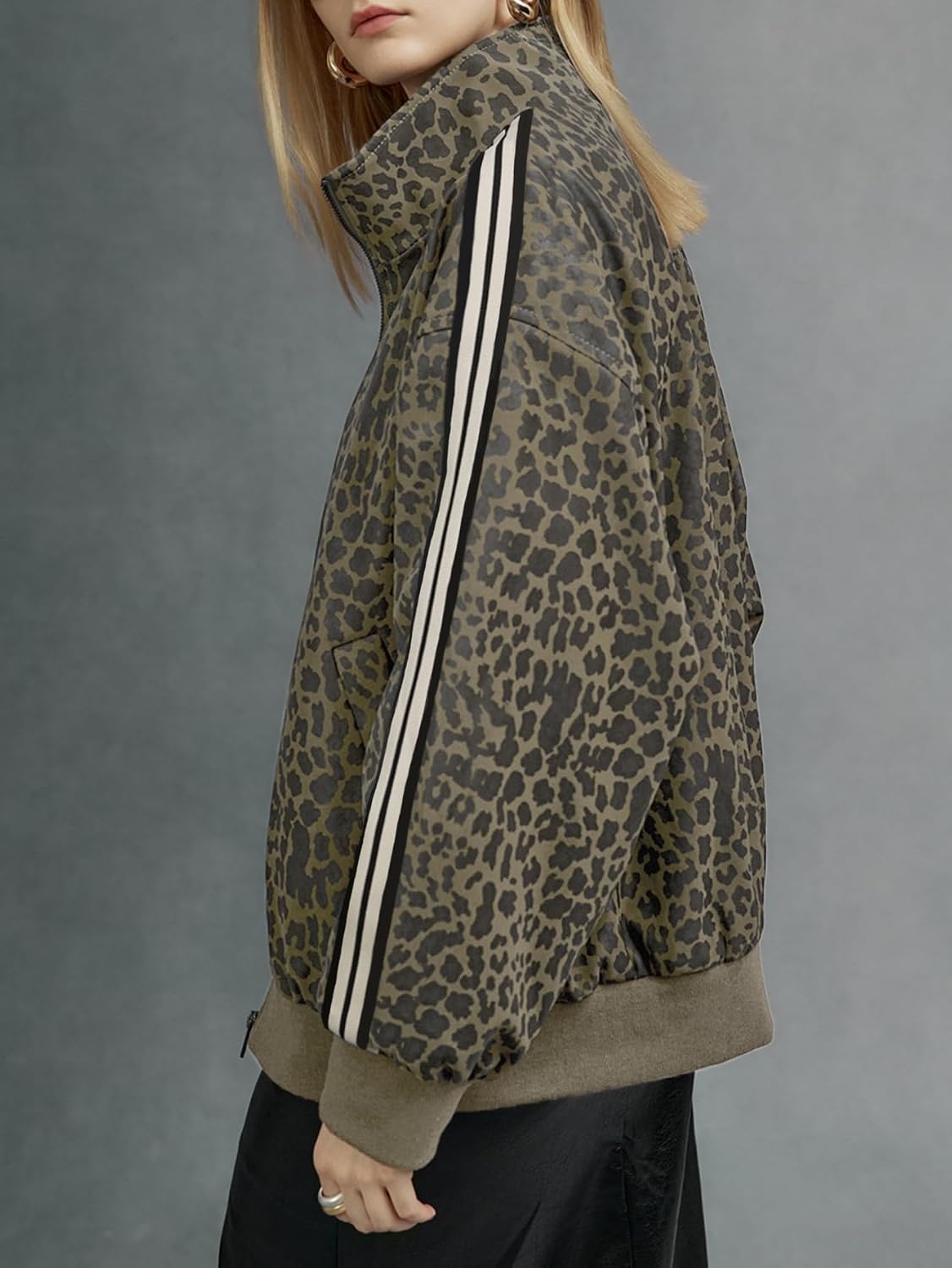image:imageWomen Faux Leather Jacket Oversize PU Motorcycle Coat Trendy Windproof Classic Lightweight Moto Biker Jacket Long Sleeve Zip Up Bomber Coat Spring Fall Fashion Cropped OvercoatLbrown Leopard