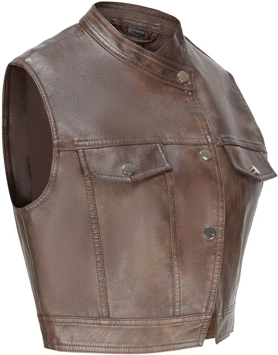 image:imageWomen Faux Leather Vest Rivet Moto Biker Motorcycle Waistcoat soft PU leathercropped slim silhouetterivet buckle decorationchest decorative pocketzip layering vest117 Dark Brown