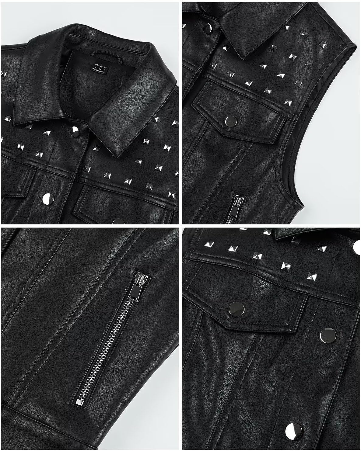 image:imageWomen Faux Leather Vest Rivet Moto Biker Motorcycle Waistcoat soft PU leathercropped slim silhouetterivet buckle decorationchest decorative pocketzip layering vest119 Black
