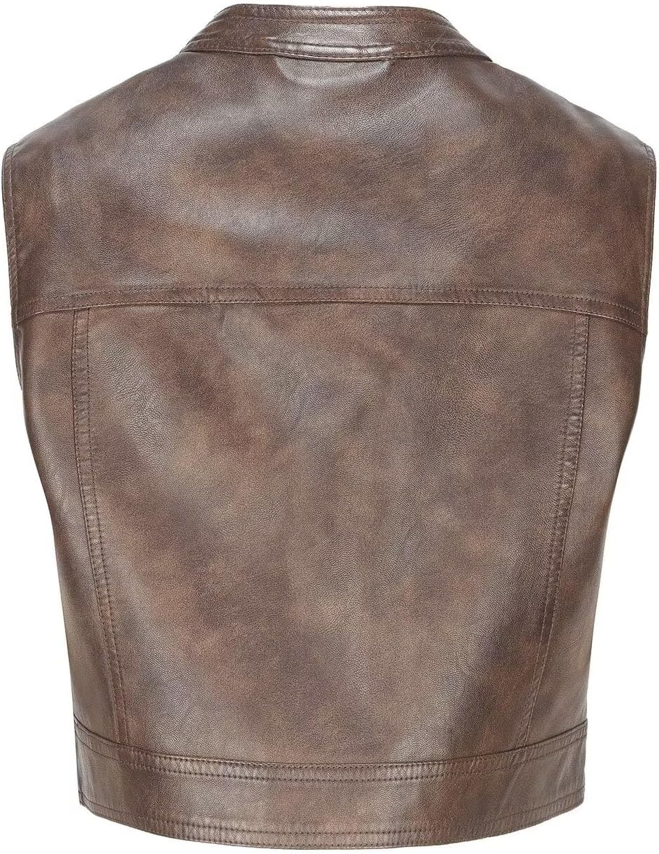 image:imageWomen Faux Leather Vest Rivet Moto Biker Motorcycle Waistcoat soft PU leathercropped slim silhouetterivet buckle decorationchest decorative pocketzip layering vest117 Dark Brown