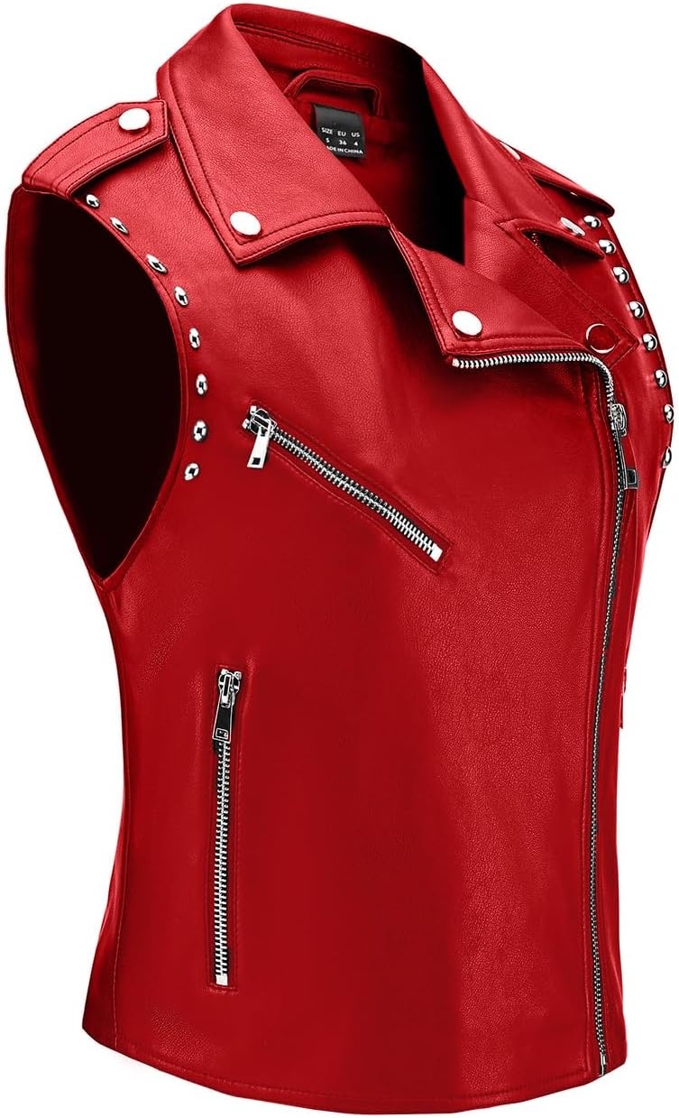 image:imageWomen Faux Leather Vest Rivet Moto Biker Motorcycle Waistcoat soft PU leathercropped slim silhouetterivet buckle decorationchest decorative pocketzip layering vest118 Red
