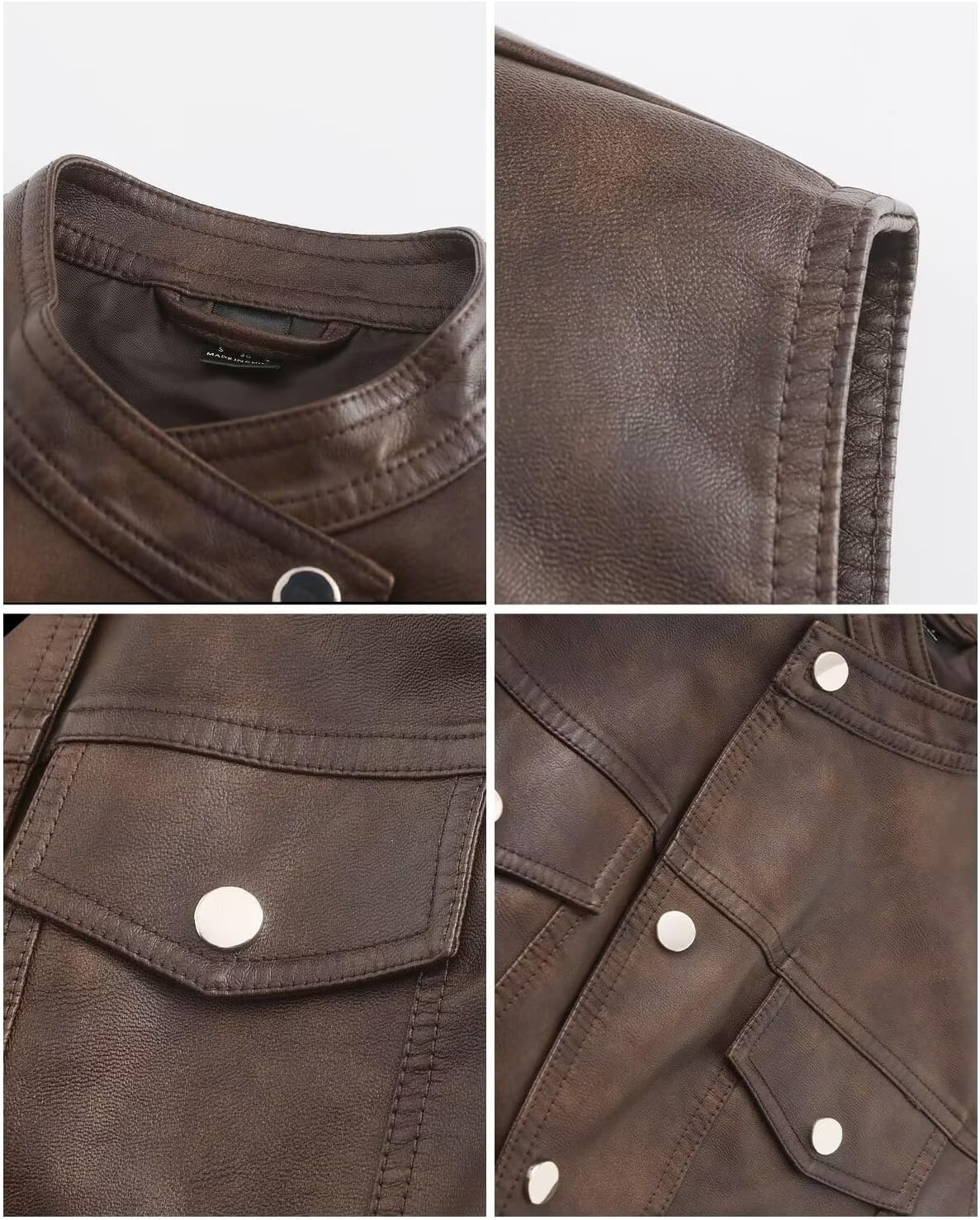 image:imageWomen Faux Leather Vest Rivet Moto Biker Motorcycle Waistcoat soft PU leathercropped slim silhouetterivet buckle decorationchest decorative pocketzip layering vest117 Dark Brown